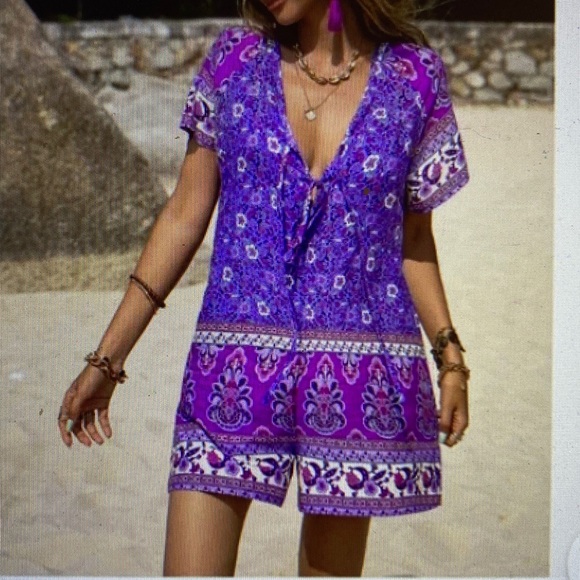 Purple Floral Boho Romper - Picture 1 of 5